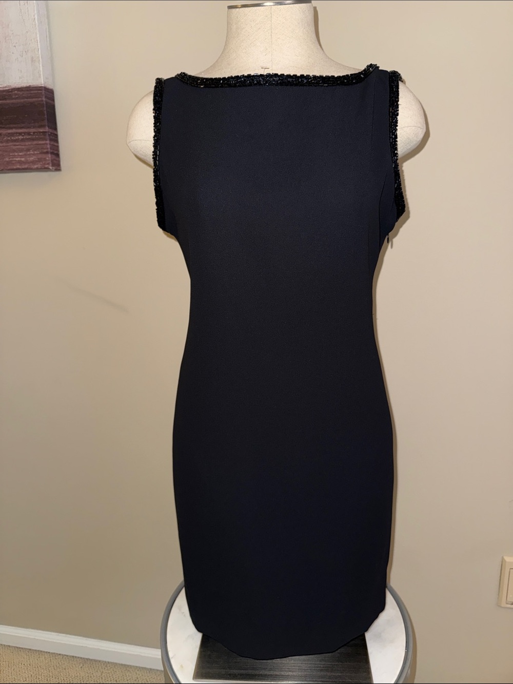 Tahari Black Sheath Dress, Beaded Trim featuring a dramatic low scoop back
